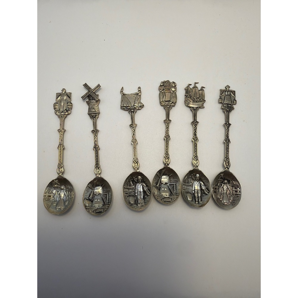 Vintage Selecta Holland Souvenir Spoon Set of 6 Silver Plate Windmill Dutch Folk